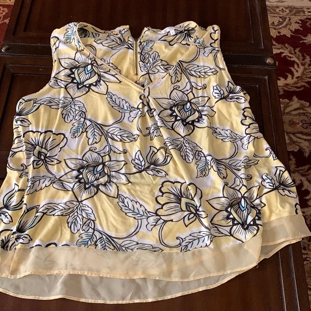 Sleeveless print blouse with back zipper. Very cute and dainty v neck